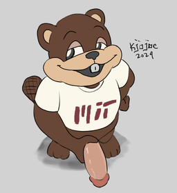 anthro big_penis bottomless brown_body brown_fur buckteeth clothed clothing fur genitals hand_on_hip high-angle_view holding_penis looking_away male open_mouth penis simple_background smile solo tail teeth kannojoe massachusetts_institute_of_technology tim_the_beaver beaver mammal rodent