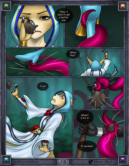 5_fingers aiming anthro armor bald big_ears black_body black_border black_fur blue_clothing blue_legwear blue_nails boots border bracers brown_eyes clenched_teeth close-up clothed clothing colored_nails dialogue duo falling fangs female fingers footwear forest_background front_view fur gem high_heeled_boots high_heels holding_object hood leaning leaning_backward legwear looking_at_viewer looking_away looking_up magic_clothing nails nude one_eye_closed open_mouth outside pink_tentacles red_gem red_nails restrained restrained_by_tentacles rock scared shocked shoes solo speech_bubble standing tail tan_body tan_fur teeth tentacles text throwing_object tuft white_clothing eliana-asato khloe_(eliana-asato) melony_(eliana-asato) canid canine felid feline fennec_fox fox mammal monster tentacle_creature true_fox 2024 comic digital_media_(artwork) english_text hi_res multiple_scenes portrait