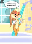 anthro breasts clothing female genitals gloves handwear looking_at_viewer nipples open_mouth pussy shower solo speech_bubble standing text water white_clothing white_gloves white_handwear gkg looney_tunes the_looney_tunes_show warner_brothers lola_bunny lagomorph leporid mammal rabbit english_text hi_res