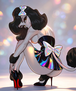 anthro bedroom_eyes black_hair black_nose breasts butt clothing crouching exposed_breasts female footwear fur hair high_heels looking_at_viewer looking_back looking_back_at_viewer narrowed_eyes nipples pink_body pink_fur seductive shoes solo tail sertaa princess_(nicoya) canid canine canis domestic_dog mammal poodle hi_res