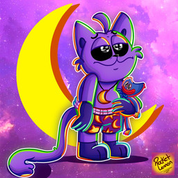 anthro black_eyes bottomwear clothing male moon plushie purple_body shorts solo tail rocketlennon mob_entertainment poppy_playtime smiling_critters catnap_(poppy_playtime) huggy_wuggy domestic_cat felid feline felis mammal hi_res