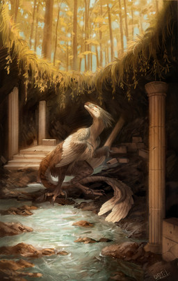 ambiguous_gender brick brown_body brown_feathers cave claws day detailed_background digitigrade feathered_tail feathered_wings feathers feral finger_claws grass lip_scar long_tail looking_up plant red_eyes sickle_claw sky solo tail toe_claws tree water winged_arms wings difftil dinosaur dromaeosaurid feathered_dinosaur feathered_scalie prehistoric_species reptile saurischian scalie theropod utahraptor absurd_res hi_res shaded signature