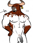 abs anthro balls facial_hair flaccid foreskin genitals hands_on_hips horn male muscular muscular_anthro muscular_male nipples nude penis pose simple_background smile solo standing white_background bgn bruce_(bgn) bovid bovine cattle mammal 2015