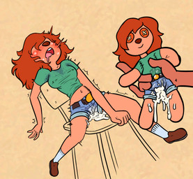 5_fingers after_sex anthro belt belt_buckle big_breasts biped blue_bottomwear blue_clothing blue_shorts blush blush_lines bodily_fluids bottomwear breasts brown_belt brown_clothing brown_footwear brown_nose brown_shoes buckle button_(fastener) chair clothed clothed_anthro clothed_female clothing collarbone cum cum_in_shorts cum_on_leg cum_pool denim denim_bottomwear denim_clothing denim_shorts drooling duo female female_anthro fingers footwear furniture genital_fluids green_clothing green_shirt green_topwear hair holding_doll hotpants humanoid_hands leaning leaning_backward long_hair male male/female midriff navel nipple_outline non-euclidean_sex orange_hair pink_tongue plantigrade saliva sex shirt shoes short_sleeves shorts simple_background sitting snout socks solo_focus sweat sweaty_face tan_background tan_body teeth tongue topwear tremble_spikes vaginal_fluids voodoo voodoo_doll voodoo_sex white_clothing white_footwear white_socks soulcentinel disney goof_troop roxanne_rover canid canine canis domestic_dog mammal 2026