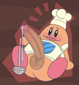anus apron balls big_penis blush bodily_fluids butt chef_hat clothing cum cum_in_container cum_string genital_fluids genitals hat headgear headwear kitchen_utensils ladle lying male open_mouth penis presenting presenting_penis solo tools gemsum kirby_(series) nintendo chef_kawasaki 2026