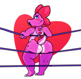 anthro blue_eyes bow_ribbon female female_anthro fighting_ring heart_symbol pink_body simple_background solo white_sclera wrestling_singlet glazedbun mario_bros nintendo birdo digital_media_(artwork) full-length_portrait portrait