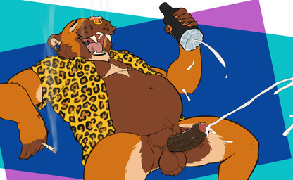 abstract_background anthro balls belly bodily_fluids bottomless clothed clothing countershade_legs countershading cum ejaculation facial_piercing fangs flesh_tunnel foreskin genital_fluids genitals humanoid_genitalia humanoid_penis looking_pleasured male marijuana_blunt nose_piercing nose_ring open_clothing open_shirt open_topwear overweight overweight_anthro overweight_male pattern_clothing pattern_shirt pattern_topwear penetrable_sex_toy penis piercing reverse_countershading ring_piercing sex_toy shirt sitting smoking solo teeth topwear werewhisky ravi_(bearcvlt) felid mammal prehistoric_species saber-toothed_tiger 2026 hi_res