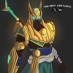 anthro armor glowing glowing_eyes gold_(metal) jewelry male simple_background solo weapon badartvirtuoso league_of_legends riot_games tencent nasus_(lol) anubian_jackal canid canine canis domestic_dog jackal mammal 1:1 hi_res