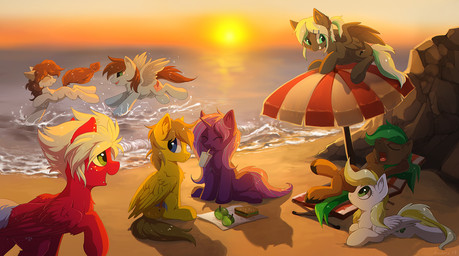 beach beach_umbrella blonde_hair blue_eyes cutie_mark detailed_background feathers female feral fur green_eyes group hair hooves horn male outside parasol purple_body purple_fur red_body red_feathers red_fur seaside smile sunset water white_body white_feathers wings yellow_body yellow_feathers yellow_fur hioshiru hasbro my_little_pony mythology fan_character equid equine mammal mythological_creature mythological_equine pegasus unicorn