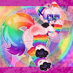 4_toes abstract_background ambiguous_anthro ambiguous_gender anthro arm_warmers armwear barefoot beaded_jewelry beads black_clothing black_pawpads black_shirt black_t-shirt black_topwear butt clothing eyewear feet fur glasses hair half-closed_eyes handpaw jewelry kandi_(jewelry) leg_warmers legwear multicolored_arm_warmers multicolored_armwear multicolored_body multicolored_clothing multicolored_ears multicolored_fur multicolored_hair multicolored_leg_warmers multicolored_legwear multicolored_tail narrowed_eyes outline partially_clothed_ambiguous partially_clothed_anthro pawpads paws presenting presenting_hindquarters rainbow_arm_warmers rainbow_armwear rainbow_body rainbow_clothing rainbow_ears rainbow_fur rainbow_hair rainbow_leg_warmers rainbow_legwear rainbow_tail rainbow_theme rectangular_glasses shirt smile solo spank_marks sparklefur sparklewolf_radio t-shirt tail toes topwear white_body white_fur white_outline anonymous_artist glitterpop! glitter_(glitterpop!) canid canine canis mammal wolf 1:1 absurd_res colorful_theme digital_drawing_(artwork) digital_media_(artwork) full-length_portrait hi_res portrait