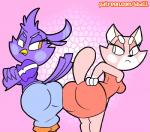 abstract_background angry anthro ass_to_ass beak big_butt breasts butt clothed clothing duo female fur patreon_username pink_body pink_fur simple_background text fourball super_planet_dolan melissa_morgan shima_luan avian bird domestic_cat felid feline felis mammal 2017 english_text hi_res url