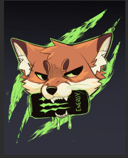 ambiguous_gender anthro beverage beverage_can black_eyes black_nose border brown_body brown_eyebrows brown_fur cheek_tuft circle_eyebrows dipstick_ears ear_markings energy_drink eyebrows facial_tuft fangs fur gradient_background green_text grey_background grey_border head_tuft holding_object holding_object_in_mouth inner_ear_fluff liquid looking_away markings monster_energy_can monster_energy_logo multicolored_body multicolored_ears multicolored_fur narrowed_eyes orange_body orange_fur simple_background solo teeth text tuft whiskers white_body white_fur white_inner_ear_fluff feve monster_energy canid canine fox mammal 2026 english_text icon
