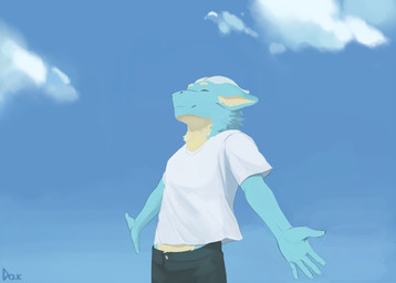 anthro blue_body blue_fur clothing fur male multicolored_body multicolored_fur outside shirt slim smile solo standing summer topwear white_clothing white_shirt white_topwear dakon mythology dak dragon mythological_creature mythological_scalie scalie hi_res