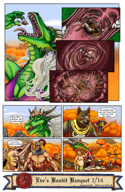 anthro anthro_pred anthro_prey armor bandits bodily_fluids border braided_hair camp camping_tent crown crystal death drinking falling female female_pred forest forest_background group hair headgear helmet human_prey knight larger_female larger_pred licking licking_lips male male_prey melee_weapon multiple_prey nature nature_background open_mouth oral_vore organs plant polearm saliva shirtless_male size_difference slightly_chubby slightly_chubby_male smaller_anthro smaller_human smaller_male smile sneaking spear stomach teeth text tongue tongue_out tree unwilling_prey vore warrior weapon white_border markie mythology eve_(markie) jam_(markie) roy_(markie) arthropod bee canid canine dragon human humanoid hymenopteran insect mammal mythological_creature mythological_scalie scalie comic english_text hi_res