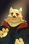 anthro black_clothing black_jacket black_topwear canid canine canis clothing cooper_krager dust eye_scar facial_scar fur hi_res jacket light light_beam male mammal ponshanchamu remember_the_flowers scar solo topwear wolf yellow_body yellow_fur