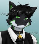 anthro bell bell_collar black_body black_fur black_hair clothing collar fur green_eyes green_highlights hair highlights_(coloring) looking_at_viewer male necktie shirt simple_background smile smiling_at_viewer solo topwear vest white_body white_fur linreddragon mythology dragon furred_dragon furred_scalie mythological_creature mythological_scalie scalie absurd_res hi_res