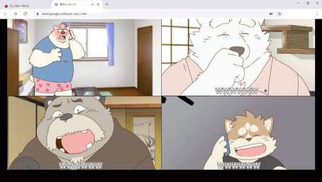 anthro belly blush brown_body brown_fur clothing electronics eyes_closed eyewear fur glasses group kemono male overweight overweight_male phone shirt shitpost topwear underwear white_body white_fur garouzuki gonbei_(garouzuki) ken_(garouzuki) kou_(garouzuki) modenji_(garouzuki) bear canid canine canis domestic_dog mammal polar_bear raccoon_dog tanuki ursine 2020 hi_res meme