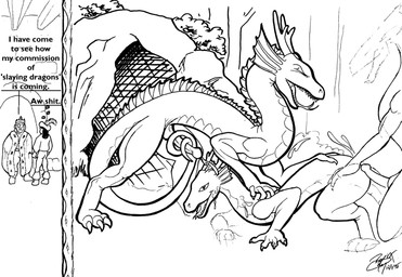 ambiguous_gender bodily_fluids canvas cave claws commentary creating_art cum cum_on_face cumshot dialogue ejaculation erection feral forked_tongue genital_fluids genitals group horn male male/ambiguous orgasm penis profanity tail text tongue tongue_out foxxfire mythology dragon mythological_creature mythological_scalie scalie black_and_white english_text monochrome pen_(artwork) traditional_media_(artwork)