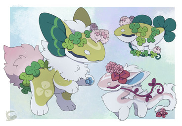 ambiguous_gender blue_pawpads eyes_closed feral flower green_body group pawpads plant trio white_body mochiri elemental_creature flora_fauna unknown_species absurd_res hi_res tagme