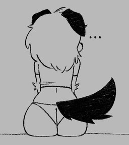 anthro butt clothing crop_top ears_down ellipsis female head_turned panties pivoted_ears rear_view shirt sitting snout solo tail topwear underwear funnysillydog canid canine canis domestic_dog mammal monochrome