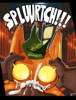 anthro balls big_breasts big_penis black_bodysuit black_border black_clothing black_skinsuit blush blush_lines bodily_fluids bodysuit border breasts clothing cum cum_in_mouth cum_inside dark_body dark_skin duo ejaculation empty_eyes eyelashes fellatio female first_person_view food for_a_head front_view fruit genital_fluids genitals head_grab huge_penis leaf male male/female onomatopoeia oral orange_body penile penis plant pumpkin sex skeleton_costume skinsuit sound_effects text tight_clothing torn_bodysuit yellow_eyes gallo_wazavi epic_games fortnite spice_(fortnite) domestic_cat felid feline felis mammal object_head hi_res