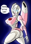 autobot autobot_insignia blue_eyes butt dialogue female glowing glowing_eyes looking_aside looking_at_viewer machine not_furry solo speech_bubble standing text megadevianttron_(artist) ritualist hasbro takara_tomy transformers arcee android cybertronian humanoid robot english_text low_res