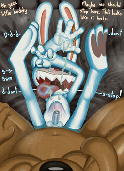 abdominal_bulge anal anal_orgasm anal_penetration anthro anthro_on_anthro anthro_penetrated anthro_penetrating anthro_penetrating_anthro balls bed bodily_fluids cum cum_on_face cum_on_own_face cum_on_self cum_on_tongue cum_string cum_while_penetrated cumshot dialogue duo ejaculation erection feet fingers first_person_view foreskin fur furniture genital_fluids genitals hands-free humanoid_genitalia humanoid_penis kneeling larger_male lying male male/male male_penetrated male_penetrating male_penetrating_male navel nude on_back on_bed open_mouth orgasm orgasm_face partially_retracted_foreskin penetration penile penile_penetration penis saliva saliva_on_tongue sex sharp_teeth size_difference smaller_male smaller_penetrated spread_legs spreading sweat sweatdrop teeth text toes tongue tongue_out uvula white_body tush_(artist) sam_and_max max_(sam_and_max) samuel_dog canid canine canis domestic_dog lagomorph leporid mammal rabbit absurd_res digital_media_(artwork) english_text hi_res