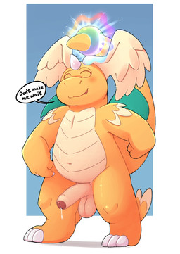 anthro balls bodily_fluids dialogue foreskin genital_fluids genitals gesture hand_gesture humanoid_genitalia humanoid_penis leaking_precum male navel penis pointing pointing_at_penis precum solo tail threatening wings gralicbutter nintendo pokemon pokemon_legends_z-a generation_9_pokemon mega_dragonite mega_evolution pokemon_(species) hi_res