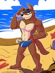 anthro beach blue_clothing blue_swimming_trunks blue_swimwear brown_body brown_fur clothing eyewear fur male midriff muscular muscular_anthro muscular_male pose seaside solo sunglasses swimming_trunks swimwear fizzyjay disney ducktales ducktales_(2017) talespin don_karnage canid canine canis mammal wolf 3:4 hi_res pinup