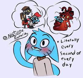 1_eye angry anthro axe blue_body blue_fur blush bottomwear clothing duo ears_down female fur male male/female pivoted_ears shorts smile solo sweater tail text topwear nocturnereverie cartoon_network the_amazing_world_of_gumball gumball_watterson penny_fitzgerald rob_(tawog) cyclops fairy felid feline mammal adversarial_noise english_text multiple_images