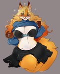 anthro big_breasts blush bottomwear breasts clothed clothing clothing_lift ear_piercing female mature_female piercing remillia_pherotas shirt shirt_lift skirt solo sweater thick_thighs topwear turtleneck bunnywhiskerz canid canine fox mammal hi_res source_request