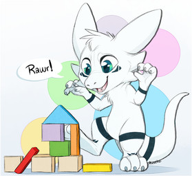 3_toes anthro barefoot blue_eyes chibi claws feet fur male nude soles solo speech_bubble tail text toe_claws toes white_body white_fur wooden_blocks aseethe mythology minnow_(lemonynade) dragon mythological_creature mythological_scalie scalie digital_media_(artwork) english_text signature