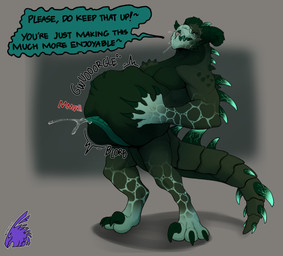 anthro anthro_pred belly_humping black_body black_scales bodily_fluids cum ejaculation eyewear genital_fluids genitals glasses green_body green_scales hand_on_belly humping male nude oral_vore penis saliva scales solo speech_bubble standing text vore zeanlain fallout microsoft argent_(omega_code93) deathclaw glowing_deathclaw scalie english_text hi_res
