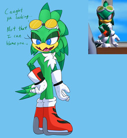 anthro beak blue_eyes clothing eyeshadow eyewear eyewear_on_head feathers femboy fluffy fluffy_chest footwear gloves goggles goggles_on_head green_body green_feathers hand_on_hip handwear looking_back makeup male male_anthro shoes smug solo text white_body white_feathers yellow_beak cookie-pone sega sonic_riders sonic_the_hedgehog_(series) jet_the_hawk accipitrid accipitriform avian bird english_text hi_res redraw
