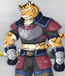 abs anthro armor belt biceps blue_eyes bottomwear clothed clothing fully_clothed fur gloves handwear male melee_weapon muscular muscular_anthro muscular_male pants shirt solo stripes sword tail topwear weapon wildheit felid mammal pantherine tiger