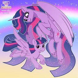 duo female feral fetlocks flying horn looking_at_another looking_at_viewer rainbow sparkles wings shadow-galaxy toonacy friendship_is_magic hasbro my_little_pony mythology queen_twilight_(mlp) twilight_sparkle_(mlp) equid equine mammal mythological_creature mythological_equine winged_unicorn 1:1 absurd_res hi_res