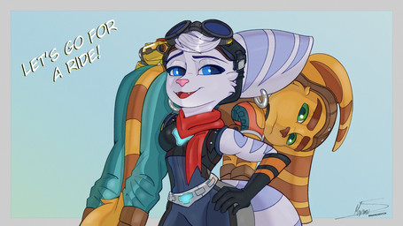anthro blue_eyes breasts brown_nose clothed clothed_female clothed_male clothing cybernetic_arm cybernetic_limb dialogue duo ear_piercing ear_ring eyewear eyewear_on_head female fluffy fluffy_tail footwear fur gloves goggles goggles_on_head green_eyes handwear male male/female markings piercing pink_nose red_scarf ring_(marking) ring_piercing ringed_tail scarf striped_markings striped_tail stripes tail tail_markings thin_tail white_body white_fur yellow_body yellow_fur maximuseditor ratchet_and_clank sony_corporation sony_interactive_entertainment ratchet_(ratchet_and_clank) rivet_(ratchet_and_clank) lombax mammal 16:9 hi_res widescreen