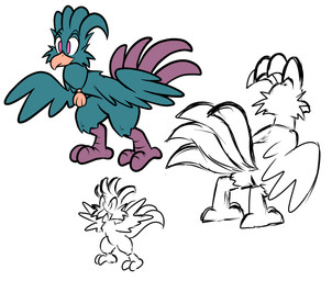 ambiguous_gender biped duo eyebrows feathered_wings feathers feet feral front_view green_body jewelry necklace pink_eyes rear_view simple_background tail tail_feathers talons toes toony white_background white_sclera wings virmir avian 2025 absurd_res hi_res model_sheet
