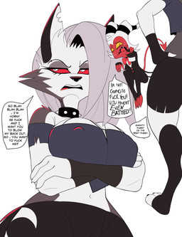 2_horns anthro big_breasts black_nose bottomwear breasts cheek_tuft cleavage clothed clothing collar crossed_arms dialogue duo eyebrow_piercing eyebrows eyelashes facial_piercing facial_tuft female freckles frown fur grey_body grey_fur grey_hair hair half-closed_eyes hand_on_hip horn inviting_to_sex long_hair looking_aside male midriff multicolored_body multicolored_fur narrowed_eyes navel nipple_outline notched_ear open_mouth piercing profanity red_sclera shirt shorts simple_background speech_bubble spiked_collar spikes standing tank_top text topwear torn_clothing tuft two_tone_body two_tone_fur white_background white_body white_eyes white_fur yellow_sclera hereapathy hellaverse helluva_boss mythology loona_(helluva_boss) moxxie_(helluva_boss) canid canid_demon canine demon hellhound humanoid imp mammal mythological_canine mythological_creature 2025 english_text hi_res