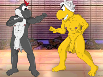 anthro armor balls big_balls big_nipples big_penis black_body clothing duo feet fighting_pose fighting_ring flaccid foreskin genitals headgear headgear_only headwear headwear_only helmet helmet_only male male/male mostly_nude muscular muscular_anthro muscular_male nipples nude nude_fight penis pose prehistoric teeth white_eyes yellow_body ciel-wolf mario_bros mythology nintendo paper_mario paper_mario:_the_thousand_year_door jr_troopa the_great_gonzales_jr black_yoshi dinosaur dragon koopa koopa_troopa mythological_creature mythological_scalie prehistoric_species reptile scalie tortoise turtle yoshi 4:3 hi_res