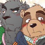 anthro black_body black_fur blush brown_body brown_fur cute_fangs duo fangs fur kemono male male/male teeth ryuta-h bear canid canine mammal raccoon_dog tanuki 1:1 2016 portrait