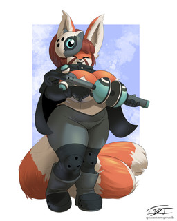 2_tails 5_fingers anthro armwear bangs big_breasts boots breasts cleavage cloak clothed clothing cosplay elbow_gloves eyes_closed female fingers footwear fur gloves hair handwear holding_object holding_ranged_weapon holding_weapon knee_pads leggings legwear lips markings mask multi_tail multicolored_body multicolored_fur orange_body orange_fur ponytail ranged_weapon red_hair shoes simple_background smile solo striped_markings striped_tail stripes tail tail_markings thick_bottom_lip thick_thighs topwear tube_top variable_wispon weapon wide_hips hardtones idw_publishing sega sonic_the_hedgehog_(comics) sonic_the_hedgehog_(idw) sonic_the_hedgehog_(series) rimi_(wittyusername) whisper_the_wolf ailurid mammal red_panda 2026 4:5 hi_res signature