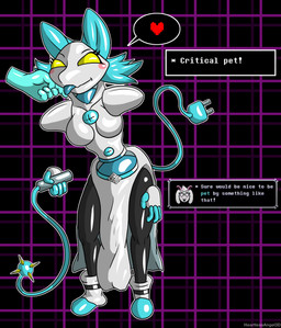 anthro blep blush breasts cable_tail dialogue_box electrical_cord electrical_plug electrical_plug_tail female heart_symbol machine petting solo tail tongue tongue_out whip yellow_eyes heartlessangel3d deltarune undertale_(series) tasque_manager darkner robot absurd_res hi_res