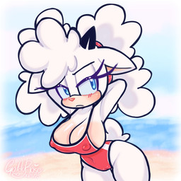 anthro beach big_breasts black_horn blue_eyes blue_sclera blush blush_lines breasts camel_toe cleavage clothed clothing ears_down female front_view fur hands_behind_head head_tuft horn looking_at_viewer navel_outline nipple_outline one-piece_swimsuit pink_nose pivoted_ears red_clothing red_swimwear sea sky solo swimwear tan_body tan_fur thick_thighs tuft water white_body white_fur wide_hips goldyrose22 idw_publishing sega sonic_the_hedgehog_(comics) sonic_the_hedgehog_(idw) sonic_the_hedgehog_(series) lanolin_the_sheep_(sonic) bovid caprine mammal sheep 1:1 hi_res