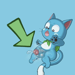 4_fingers 4_toes anthro backpack balls big_balls big_penis blue_background blue_body blue_fur blue_penis bodily_fluids brown_pawpads butt dipstick_tail directional_arrow feet fingers fur genital_fluids genitals glans leaking_precum long_tail male markings navel open_mouth pawpads penis pink_glans pink_inner_ear precum precum_string shocked simple_background solo tail tail_markings thick_penis thick_thighs toes whiskers white_body white_fur dulone fairy_tail happy_(fairy_tail) domestic_cat exceed felid feline felis mammal hi_res
