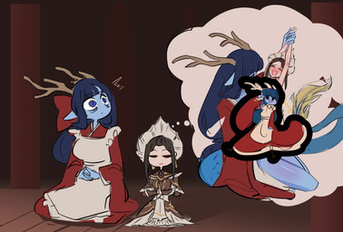 antlers apron blue_body blue_eyes blue_skin blush brown_clothing character_censor clothing duo eye_bags female horn meditation mind_reading red_clothing tail tail_tuft tear_trough thought_bubble tuft white_apron white_clothing centurii-chan_(artist) mythology animal_humanoid dragon dragon_humanoid human humanoid mammal mythological_creature mythological_scalie scalie censored character_request