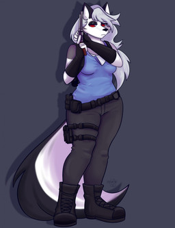 anthro clothing costume female solo pinkydumb capcom hellaverse helluva_boss mythology resident_evil jill_valentine loona_(helluva_boss) vivziepop_(vivziepop) canid canid_demon canine canis demon domestic_dog hellhound mammal mythological_canine mythological_creature hi_res