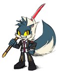 5_fingers anthro biped black_nose blue_body blue_fur clothed clothing fingers fluffy fluffy_tail front_view fully_clothed fur grin holding_melee_weapon holding_object holding_sword holding_weapon katana looking_at_viewer male melee_weapon multicolored_body multicolored_fur necktie red_eyes sharp_teeth simple_background smile solo standing sword tail teeth two_tone_body two_tone_fur weapon white_background white_body white_fur yellow_sclera ghosttidraw idw_publishing sega sonic_the_hedgehog_(comics) sonic_the_hedgehog_(idw) sonic_the_hedgehog_(series) under_night_in-birth rough_the_skunk mammal mephitid skunk 2023 full-length_portrait hi_res portrait