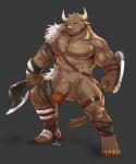 anthro armor axe balls big_muscles blue_eyes bodily_fluids brown_body brown_fur cum cum_drip dripping fur genital_fluids genitals glans hatchet horn humanoid_genitalia humanoid_penis male melee_weapon mostly_nude muscular muscular_anthro muscular_male nipples penis scar shield simple_background solo unconvincing_armor weapon unknown_artist kathu_thal bovid bovine cattle mammal