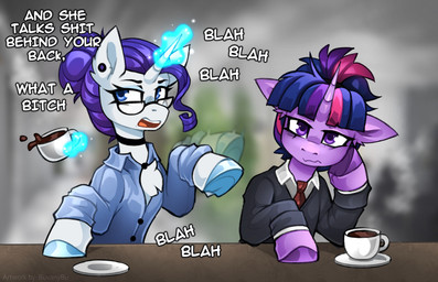 arm_support beverage bored chest_tuft choker clothing coffee collared_shirt container cup dress_shirt duo eyewear female feral glasses hooves horn jewelry leaning_on_elbow magic mug necklace rambling shirt telekinesis topwear tuft underhoof wings buvanybu friendship_is_magic hasbro my_little_pony mythology rarity_(mlp) twilight_sparkle_(mlp) equid equine mammal mythological_creature mythological_equine unicorn winged_unicorn hi_res
